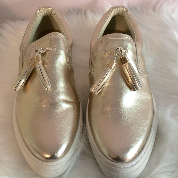 Shoes - Gold~White Tassle Sneaker Loafers